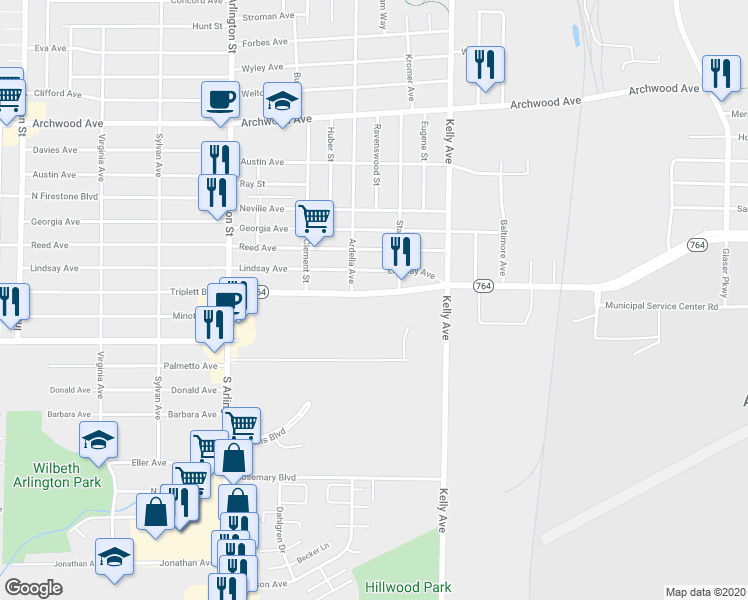 map of restaurants, bars, coffee shops, grocery stores, and more near 1162 Triplett Boulevard in Akron