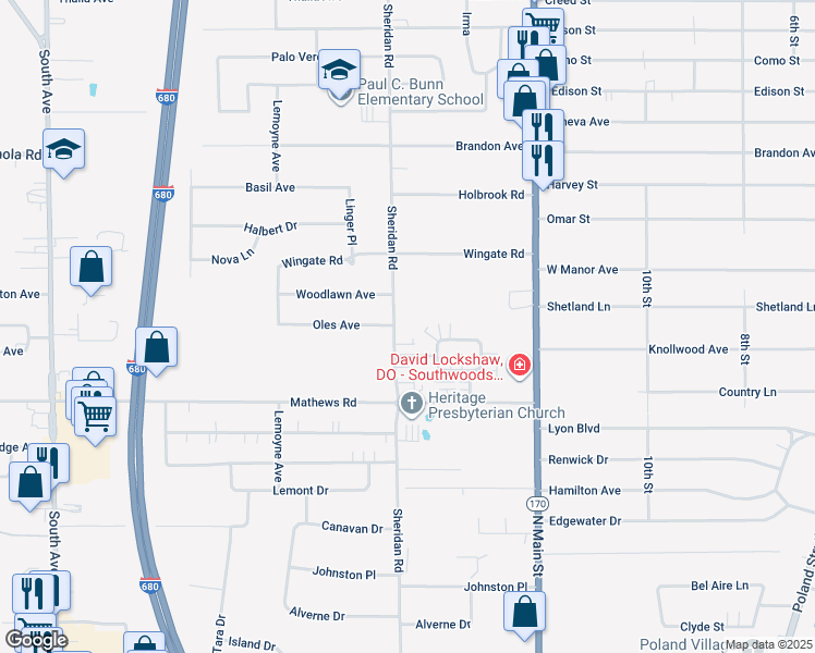 map of restaurants, bars, coffee shops, grocery stores, and more near 5701 Sheridan Road in Youngstown