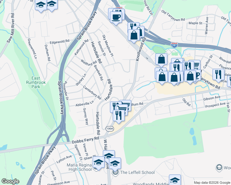 map of restaurants, bars, coffee shops, grocery stores, and more near 24 Old Knollwood Road in White Plains