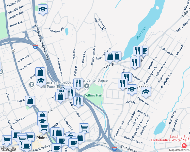 map of restaurants, bars, coffee shops, grocery stores, and more near 125 Lake Street in White Plains