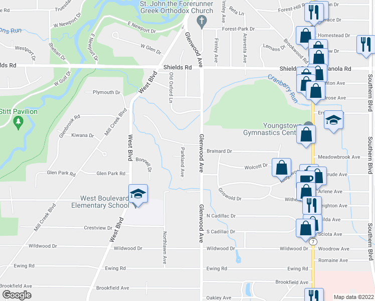 map of restaurants, bars, coffee shops, grocery stores, and more near 5702 Glenwood Avenue in Youngstown