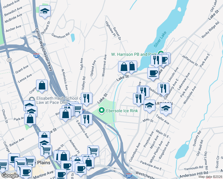map of restaurants, bars, coffee shops, grocery stores, and more near 150 Lake Street in White Plains