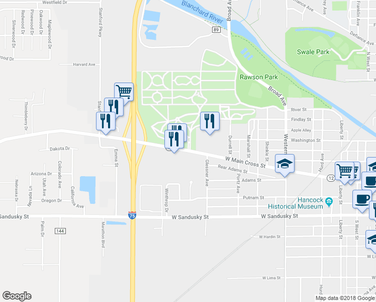 map of restaurants, bars, coffee shops, grocery stores, and more near 1177 West Main Cross Street in Findlay