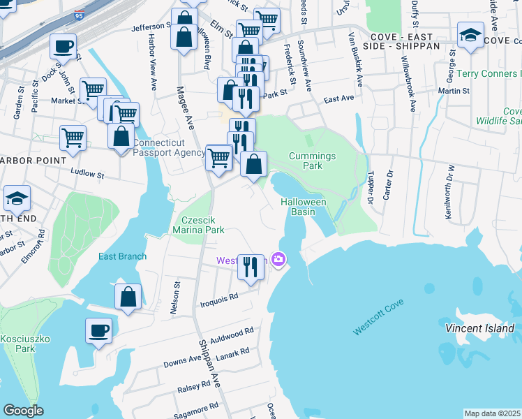 map of restaurants, bars, coffee shops, grocery stores, and more near 98 White Street in Stamford