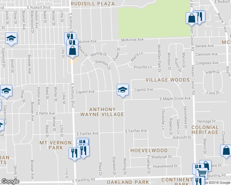 map of restaurants, bars, coffee shops, grocery stores, and more near 4601 Standish Drive in Fort Wayne