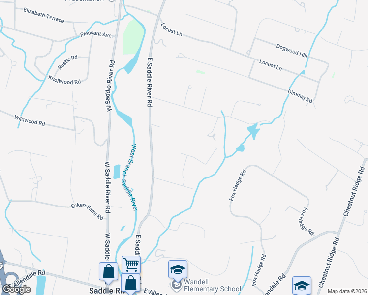 map of restaurants, bars, coffee shops, grocery stores, and more near 1 Red Rock Trail in Saddle River