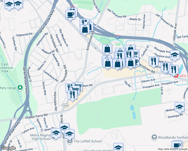map of restaurants, bars, coffee shops, grocery stores, and more near 905 Pondside Drive in White Plains