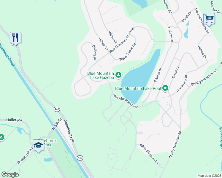 map of restaurants, bars, coffee shops, grocery stores, and more near 206 Blue Mountain Lake in East Stroudsburg