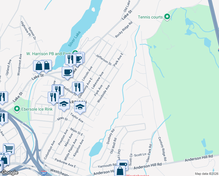 map of restaurants, bars, coffee shops, grocery stores, and more near 134 Woodside Avenue in Harrison
