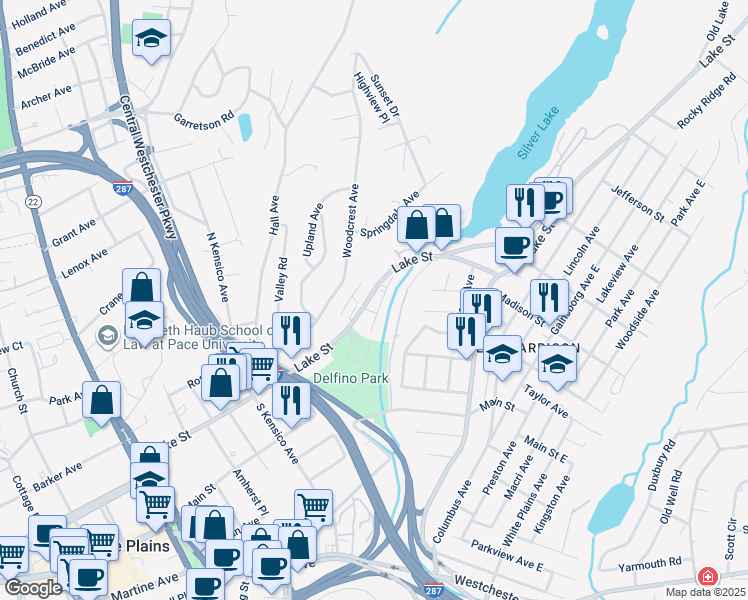 map of restaurants, bars, coffee shops, grocery stores, and more near 125 Lake Street in White Plains