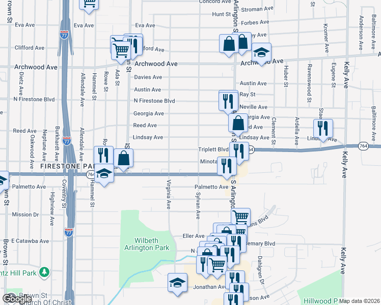 map of restaurants, bars, coffee shops, grocery stores, and more near 889 Triplett Boulevard in Akron