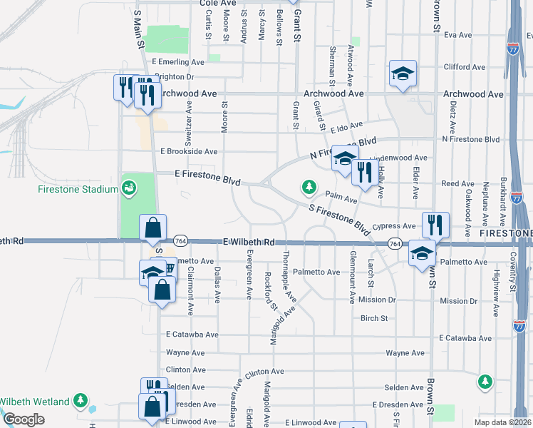 map of restaurants, bars, coffee shops, grocery stores, and more near 1504 Thornapple Avenue in Akron