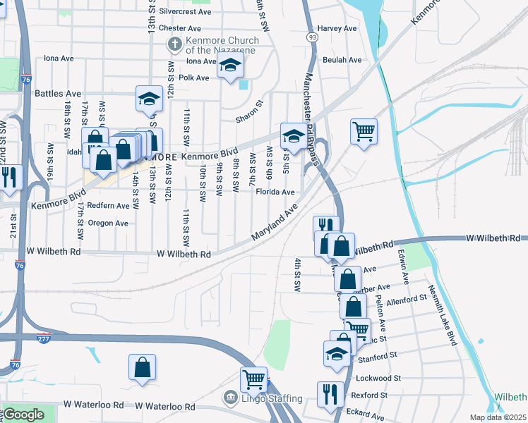 map of restaurants, bars, coffee shops, grocery stores, and more near 2280 6th Street Southwest in Akron