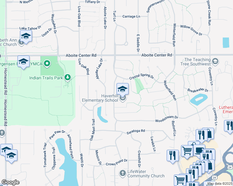 map of restaurants, bars, coffee shops, grocery stores, and more near 4611 Weatherside Run in Fort Wayne