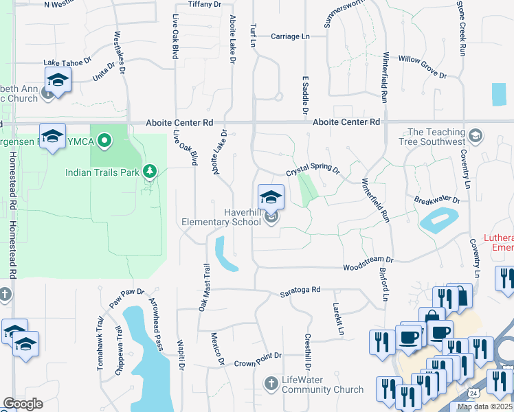 map of restaurants, bars, coffee shops, grocery stores, and more near 4611 Weatherside Run in Fort Wayne