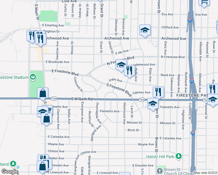 map of restaurants, bars, coffee shops, grocery stores, and more near 272 South Firestone Boulevard in Akron