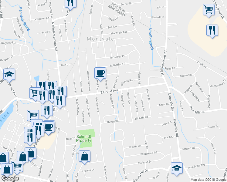 map of restaurants, bars, coffee shops, grocery stores, and more near 54 East Grand Avenue in Montvale