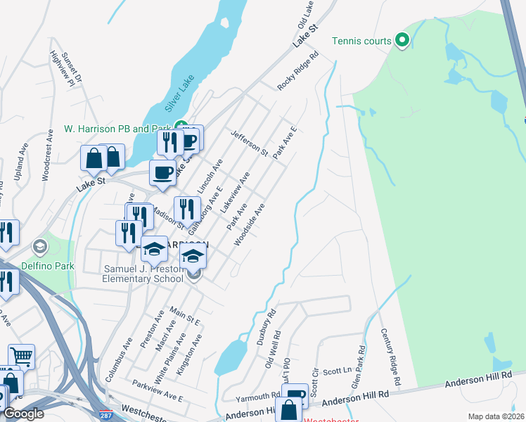 map of restaurants, bars, coffee shops, grocery stores, and more near 134 Woodside Avenue in Harrison