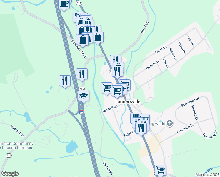 map of restaurants, bars, coffee shops, grocery stores, and more near 2820 Pennsylvania 611 in Tannersville