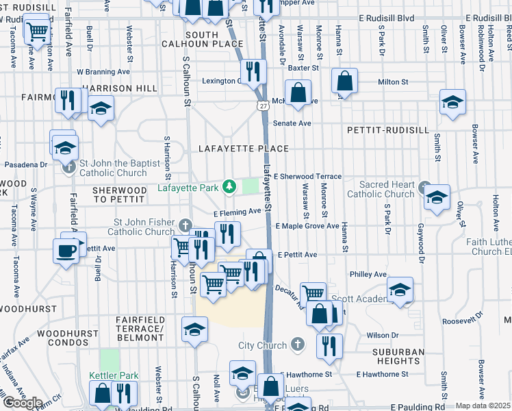 map of restaurants, bars, coffee shops, grocery stores, and more near 4636 Lafayette Street in Fort Wayne