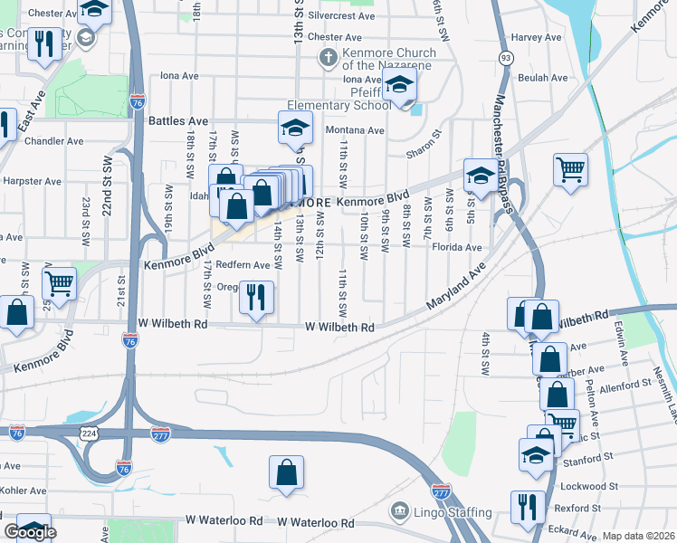 map of restaurants, bars, coffee shops, grocery stores, and more near 2286 11th Street Southwest in Akron