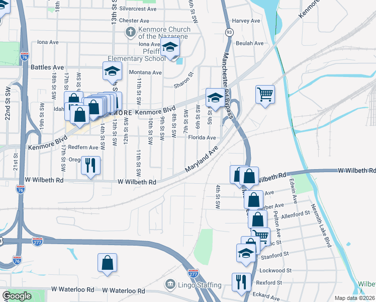 map of restaurants, bars, coffee shops, grocery stores, and more near 2287 7th Street Southwest in Akron
