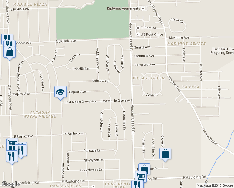 map of restaurants, bars, coffee shops, grocery stores, and more near 3016 Schaper Dr in Fort Wayne