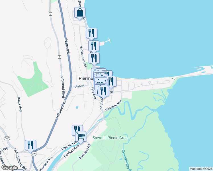 map of restaurants, bars, coffee shops, grocery stores, and more near 301 Ash Street in Piermont