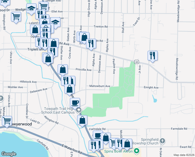 map of restaurants, bars, coffee shops, grocery stores, and more near 590 Dennison Avenue in Akron