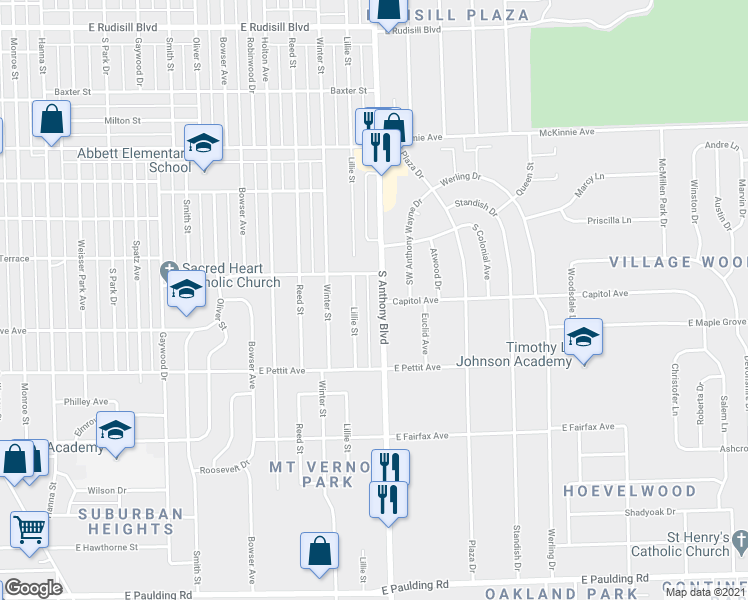 map of restaurants, bars, coffee shops, grocery stores, and more near 4722 South Anthony Boulevard in Fort Wayne