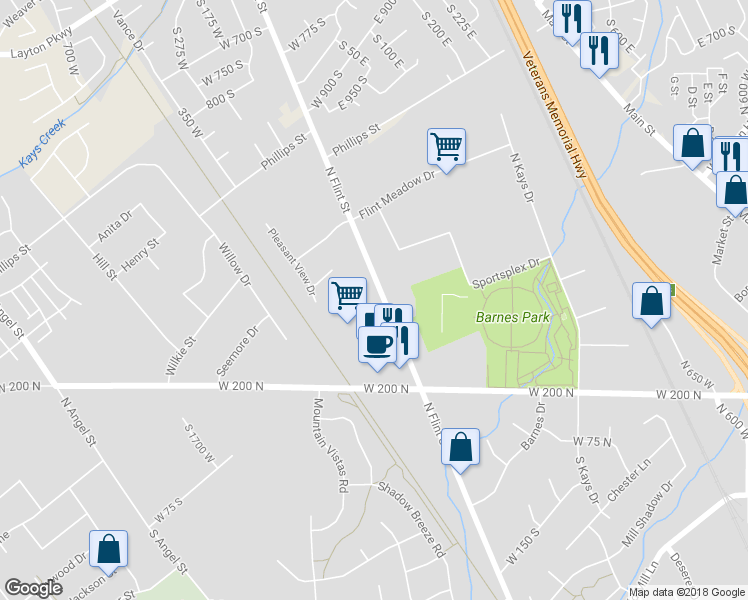 map of restaurants, bars, coffee shops, grocery stores, and more near 391 North Flint Street in Kaysville