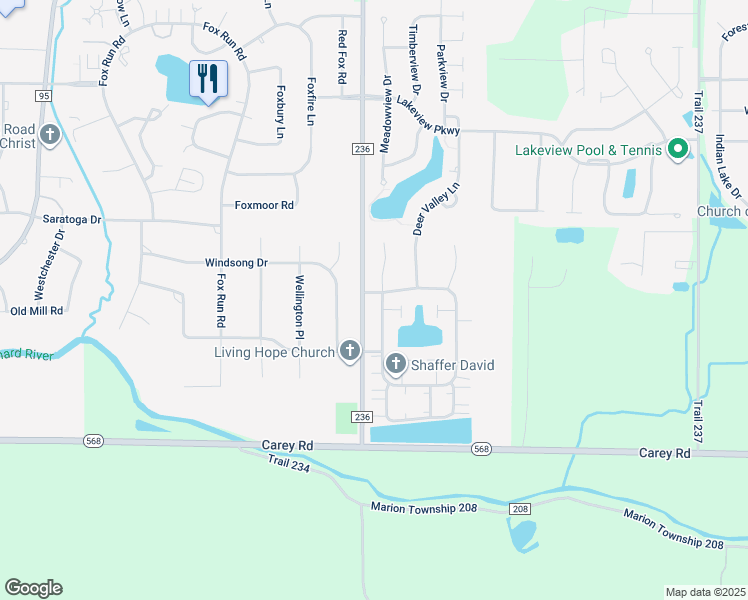 map of restaurants, bars, coffee shops, grocery stores, and more near 352 Winter Pine Drive in Findlay