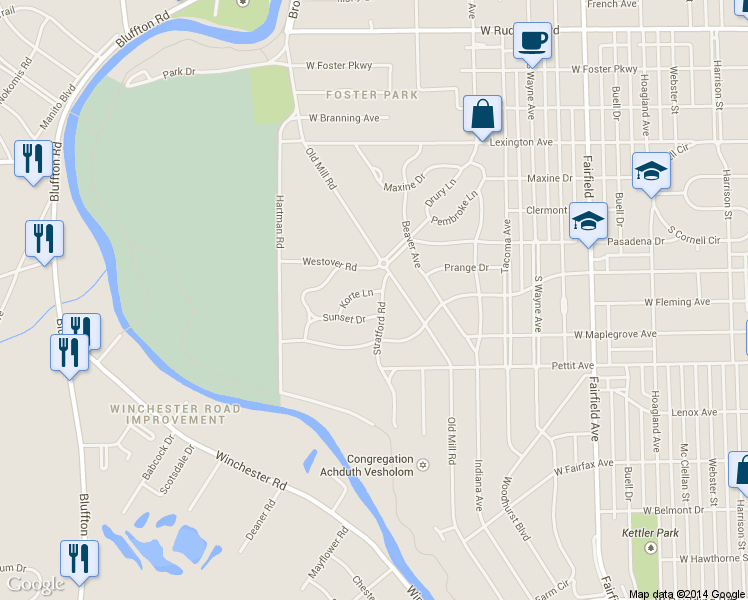 map of restaurants, bars, coffee shops, grocery stores, and more near 1201 Korte Ln in Fort Wayne