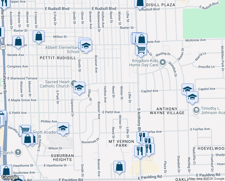 map of restaurants, bars, coffee shops, grocery stores, and more near 4717 Holton Avenue in Fort Wayne