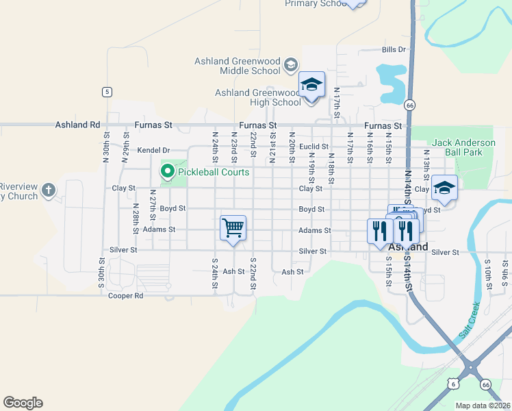 map of restaurants, bars, coffee shops, grocery stores, and more near 2142 Boyd Street in Ashland
