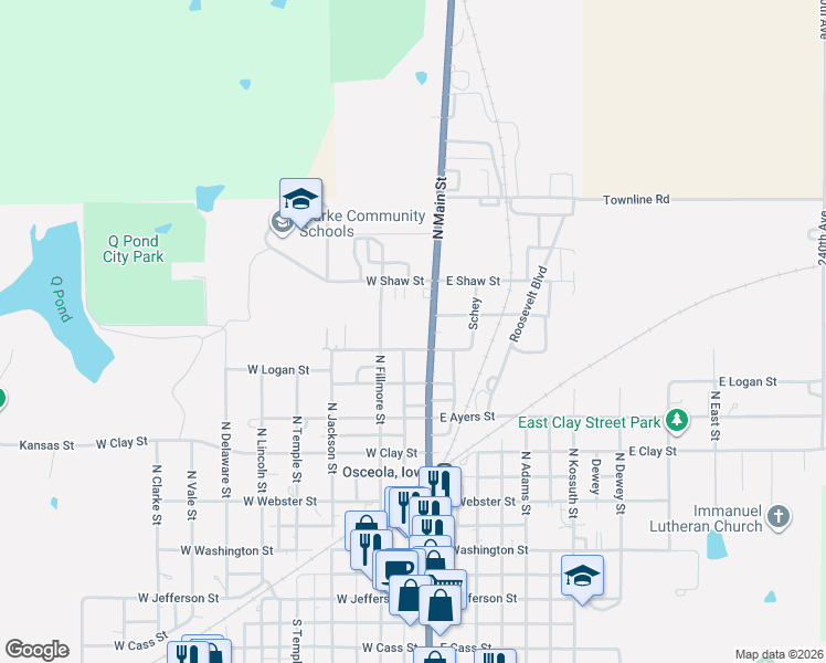 map of restaurants, bars, coffee shops, grocery stores, and more near 115 Garfield Street in Osceola