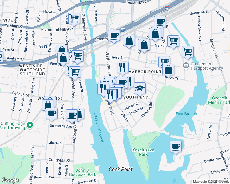 map of restaurants, bars, coffee shops, grocery stores, and more near in Stamford