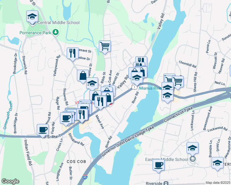 map of restaurants, bars, coffee shops, grocery stores, and more near 32 Valley Road in Greenwich