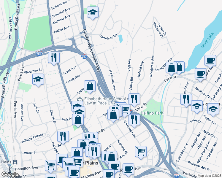 map of restaurants, bars, coffee shops, grocery stores, and more near 99 North Kensico Avenue in White Plains