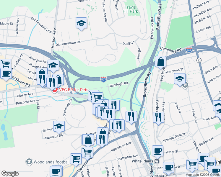 map of restaurants, bars, coffee shops, grocery stores, and more near 94 County Center Road in White Plains