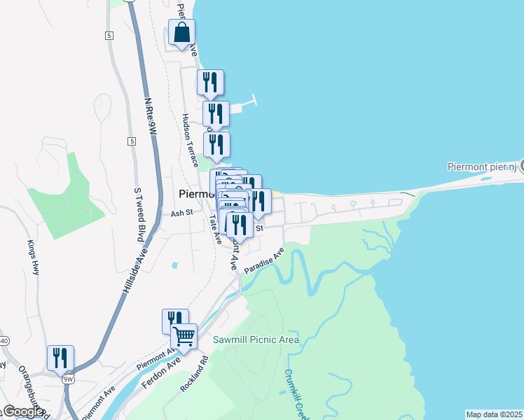 map of restaurants, bars, coffee shops, grocery stores, and more near 5 Roundhouse Road in Piermont