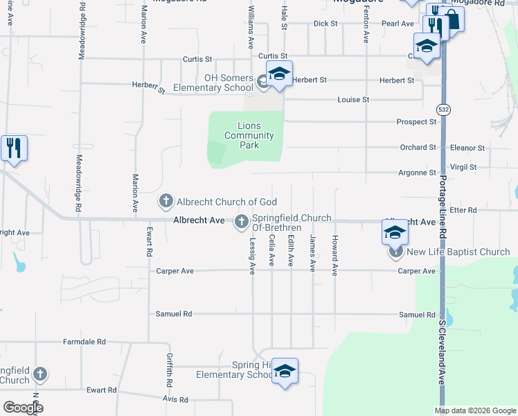 map of restaurants, bars, coffee shops, grocery stores, and more near 353 Lessig Avenue in Akron