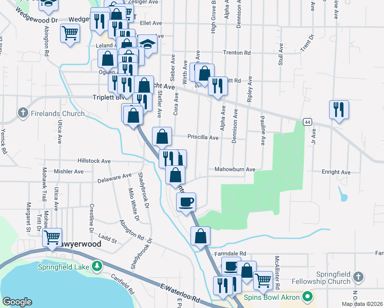 map of restaurants, bars, coffee shops, grocery stores, and more near 642 Stevenson Avenue in Akron
