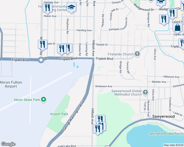 map of restaurants, bars, coffee shops, grocery stores, and more near 741 Hilbish Avenue in Akron