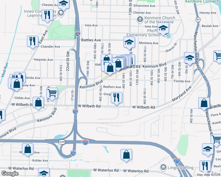 map of restaurants, bars, coffee shops, grocery stores, and more near 936 Redfern Avenue in Akron