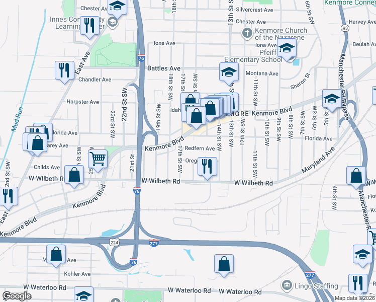 map of restaurants, bars, coffee shops, grocery stores, and more near 936 Redfern Avenue in Akron