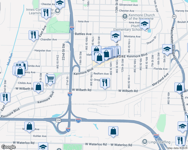 map of restaurants, bars, coffee shops, grocery stores, and more near 936 Redfern Avenue in Akron