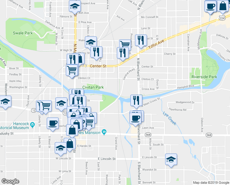map of restaurants, bars, coffee shops, grocery stores, and more near Central Pkwy in Findlay