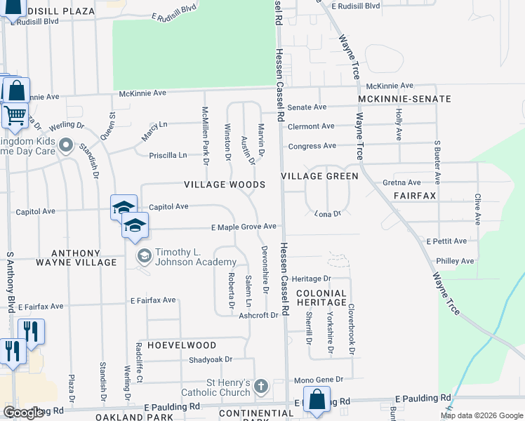 map of restaurants, bars, coffee shops, grocery stores, and more near 3010-3016 Schaper Dr in Fort Wayne
