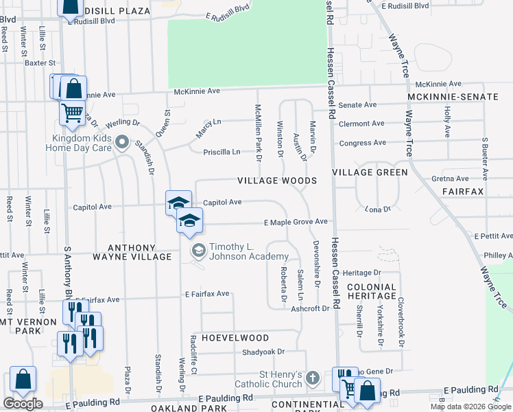 map of restaurants, bars, coffee shops, grocery stores, and more near 2804 Capitol Avenue in Fort Wayne